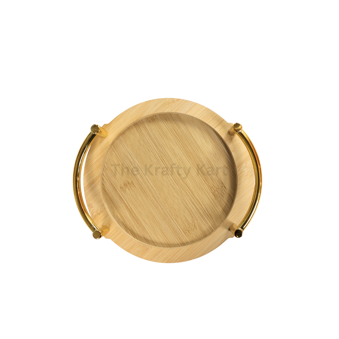 Round Wooden Tray With Golden Handles
