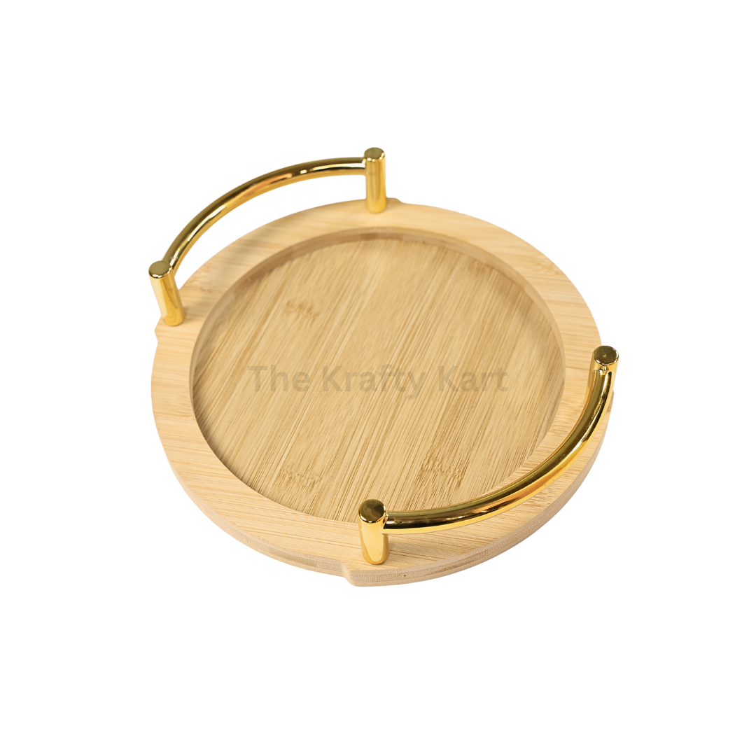 Round Wooden Tray With Golden Handles
