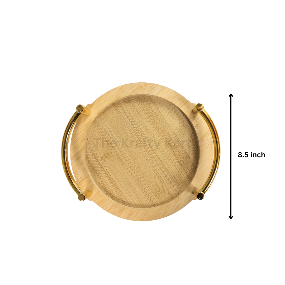 Round Wooden Tray With Golden Handles