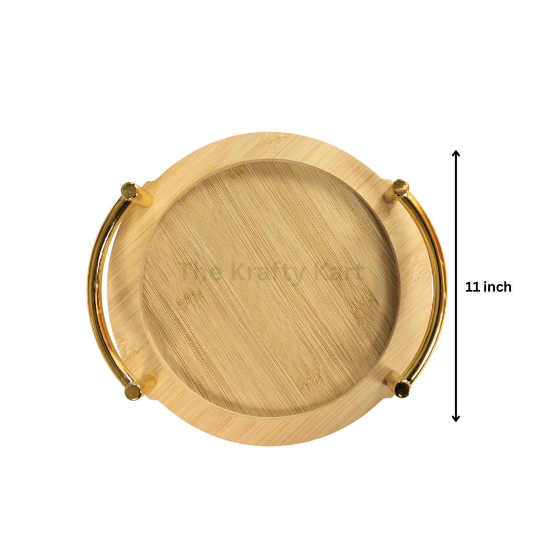 Round Wooden Tray With Golden Handles