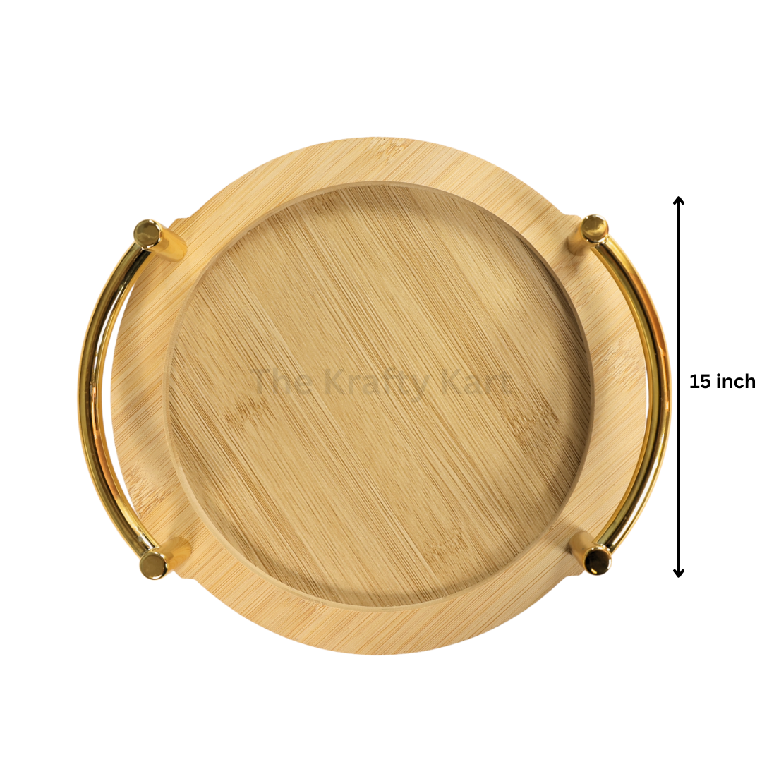 Round Wooden Tray With Golden Handles